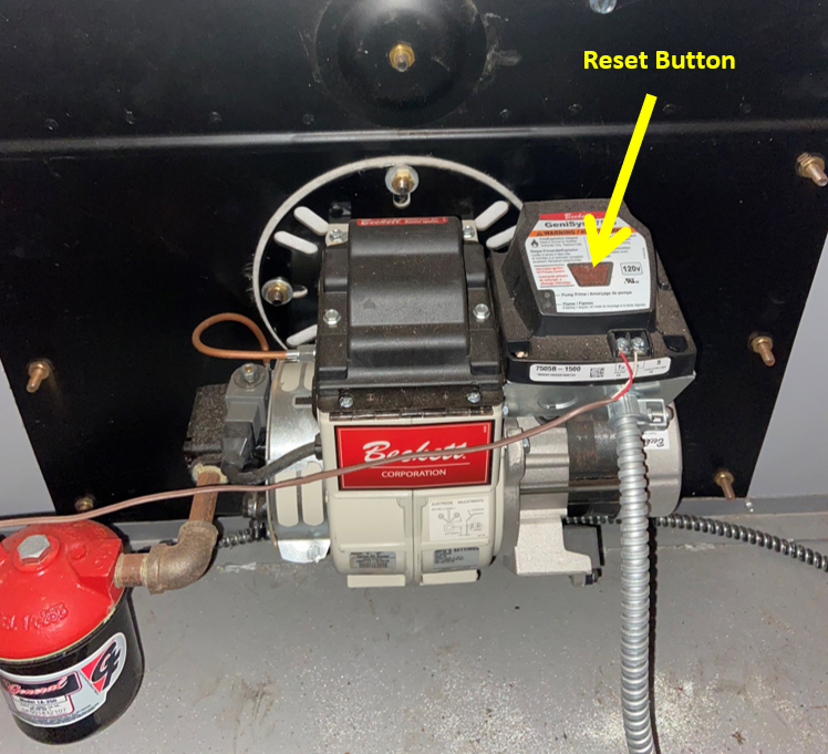 If you have run out of home heating oil, you will need to reset your burner once you've added heating oil or diesel fuel to the tank. This is the reset button on a late-model Beckett oil burner. Most systems have an easier-to-spot red reset button.